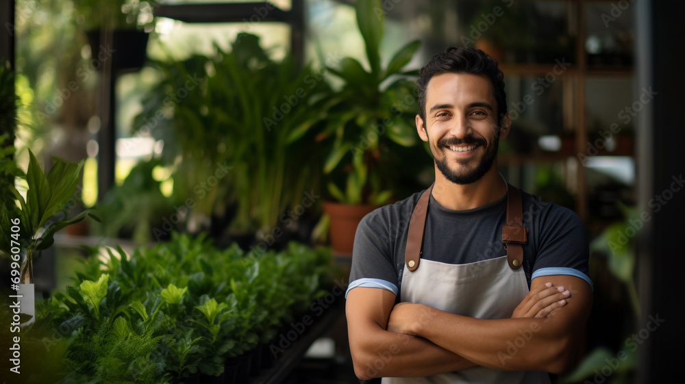 Happy young man standing in his plant shop Happy young man standing in his plant shop