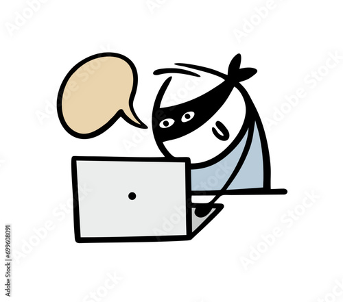 Cyber criminal in a black mask steals money and password online. Vector illustration of an attacker hacker hacked the website, downloaded the personal data of bank customers. Character isolated.