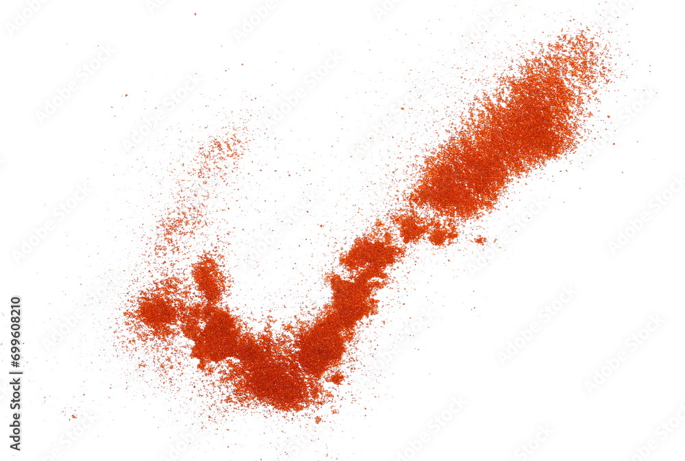 Pile of red paprika powder in shape sign yes, isolated on white background, top view Pile of red paprika powder in shape sign yes, isolated on white background, top view