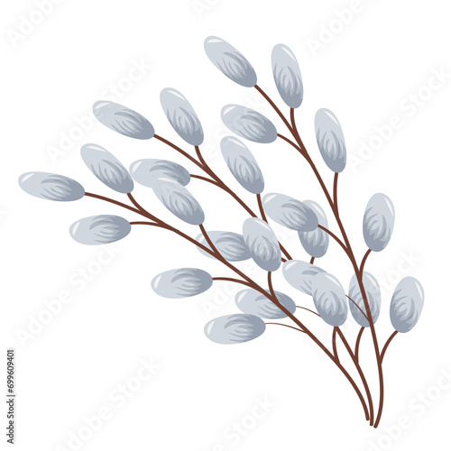 vector illustration of a spring plant in bloom, namely a sprig of flowering willow, for use in decor, banner or textile