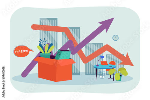 Empty office with carton box with employees personal things vector illustration. Fired inscription in speech bubble. Bar chart with rising unemployment level. Job cuts, dismissal of worker concept