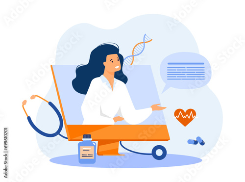 Female doctor giving online consultation vector illustration. Computer, pills, stethoscope, medicine, heart rate. Telemedicine consultation, modern technology in medicine concept