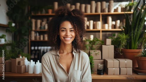 african american people young woman small business owner SME owner go green net zero esg recycle retail portrait shot smile in green zero waste organic food and groceries shop owner at counter