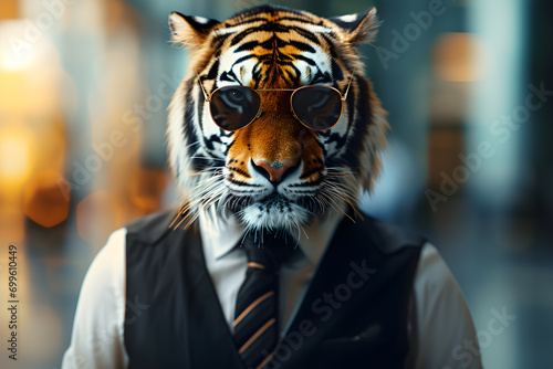 A portrait of anthropomorphic tiger wearing black vest and sunglasses photo
