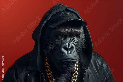A portrait of anthropomorphic gorilla wearing black hoodie, black cap and golden chain