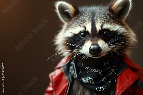 A portrait of anthropomorphic raccoon wearing red leather jacket and black bandana © DimaSabaka