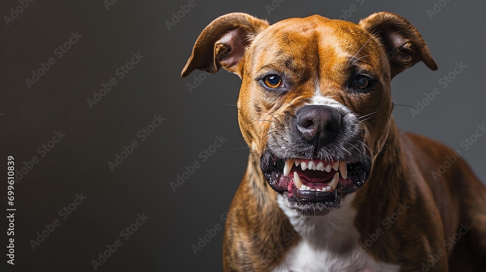 Angry dog snarling at the camera. Aggressive dog shows dangerous teeth. Generative AI - obrazy, fototapety, plakaty 