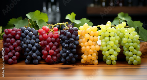 Different colored grapes on wooden tables which are very tasty and sweet fruits