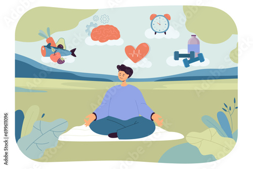 Man sitting in lotus position and choosing sport, healthy food, health of mind and body. Vector illustration. Mind and body harmony, balance in life concept