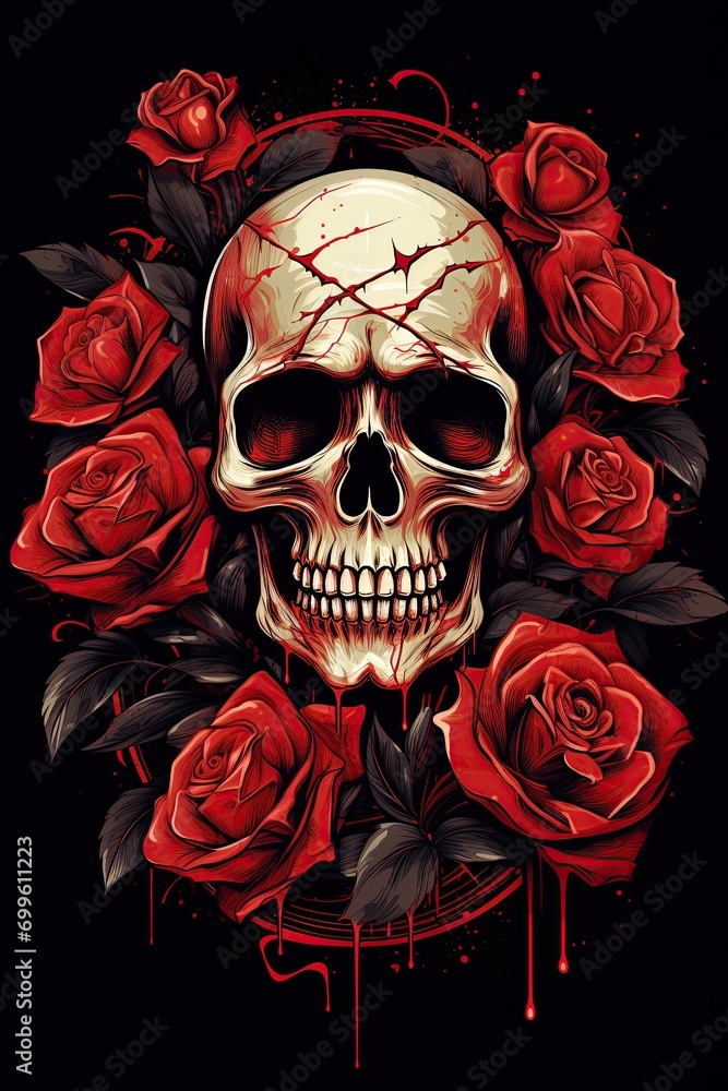 Skull and red roses. Poster, T shirt, Tattoo design. White background. Ai Generative illustration Skull and red roses. Poster, T shirt, Tattoo design. White background. Ai Generative illustration