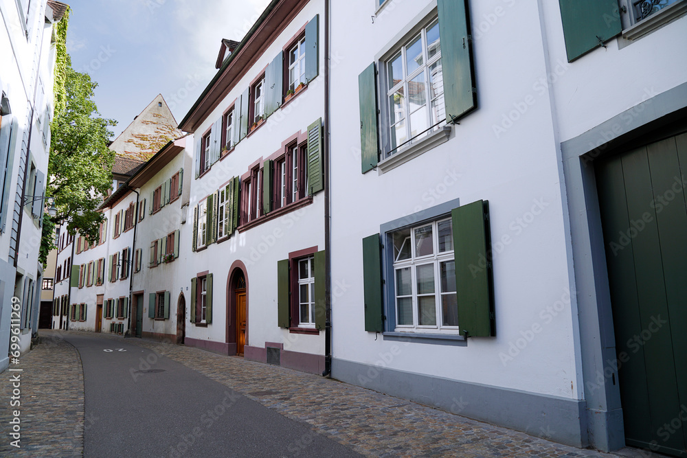 Cosy street of historic old town in Basel, Switzerland