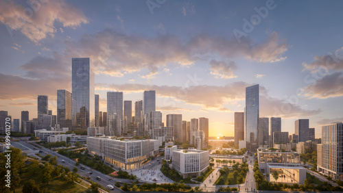 Modern metropolis, city skyline, urban buildings, green city at sunset