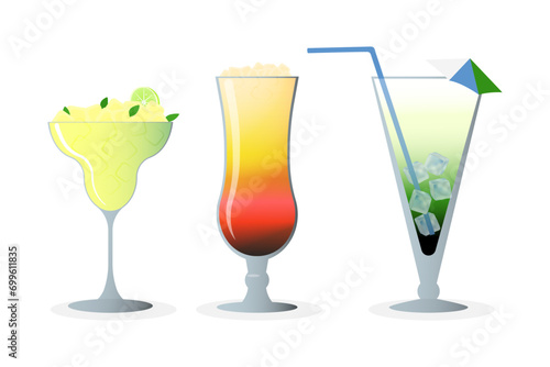 Exotic tropical cocktails vector illustration. Summer alcohol drinks in glasses with citrus slices, mint leaves, ice cubes and straws. Fresh beverages, holiday, vacation, travelling, tour concept