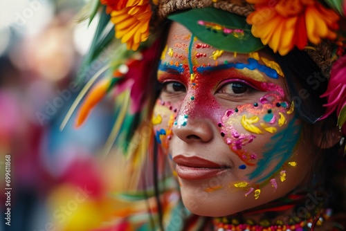 Close up Colombian woman at Carnavales de Barranquilla festival, colorful, festive