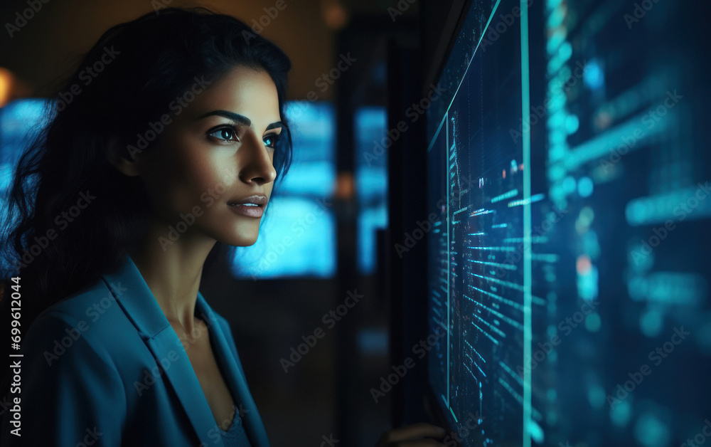 A female programmer or web developer looking at lines of code