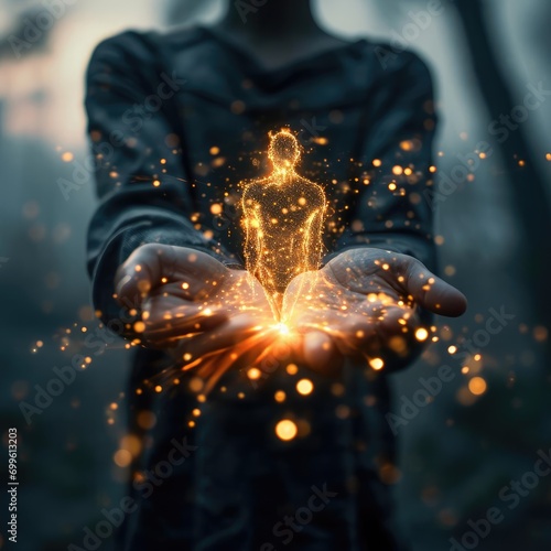 Man holding a glowing hologram of a man in his hands