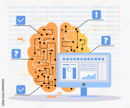 Human brain with neural networks vector illustration. Computer with different tasks for GPTChat. Check marks, question and exclamation marks. Inaccuracies and underdevelopment of Chat GPT, errors photo