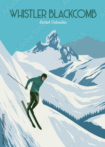 poster of whistler blackcomb background illustration design, man skier running downhill on british columbia ski resort photo