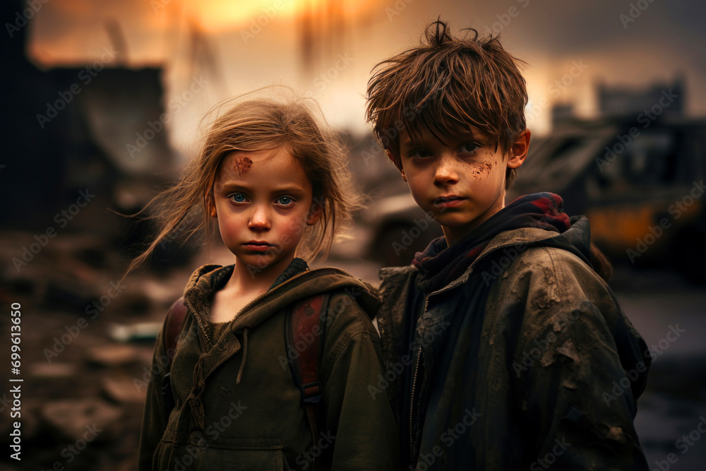 Homeless children during the war look at their destroyed city Homeless children during the war look at their destroyed city