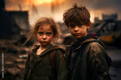 Homeless children during the war look at their destroyed city