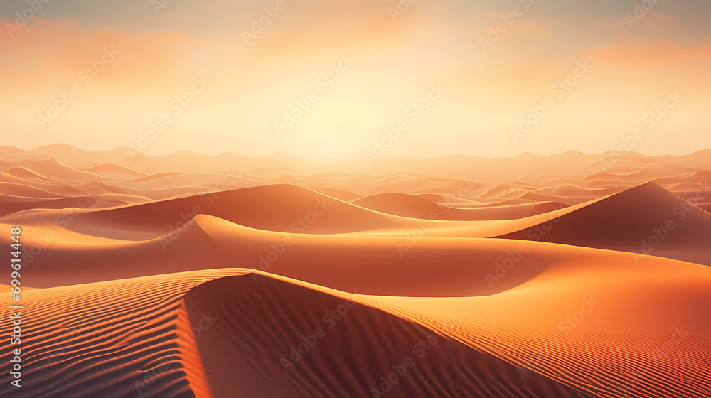 Surreal desert dunes at sunset, warm tones and shadows Surreal desert dunes at sunset, warm tones and shadows