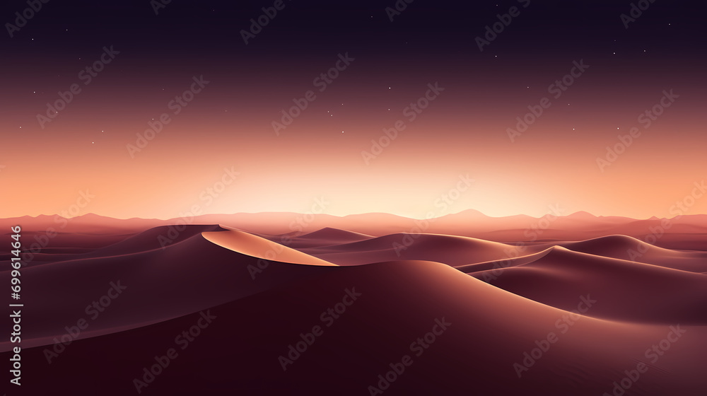 Surreal desert dunes at sunset, warm tones and shadows Surreal desert dunes at sunset, warm tones and shadows