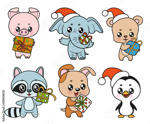 Six cute cartoon animal new year characters with gifts coloring variation on white background
