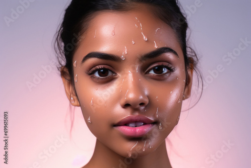 Close view of young indian female face with water drop