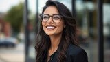 joyful young Indian businesswoman wearing glasses.