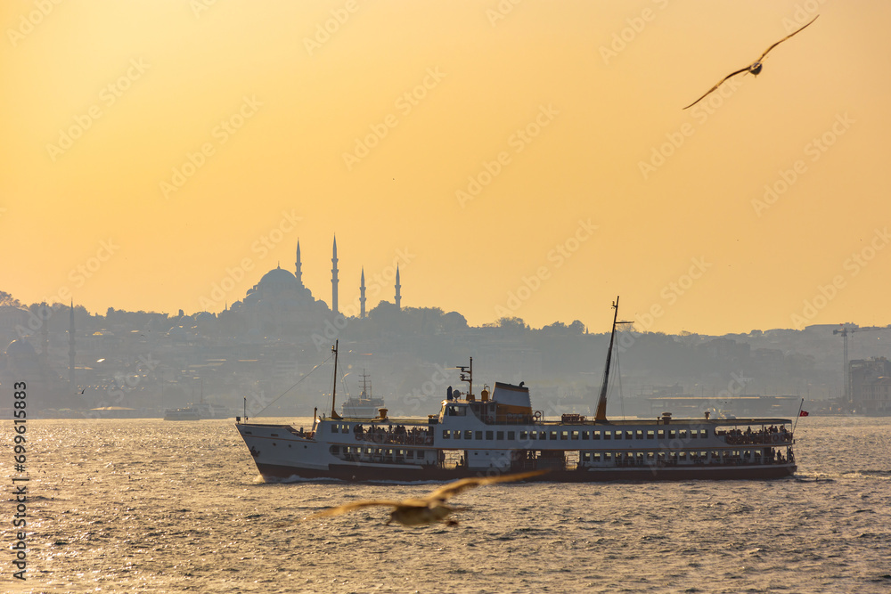 Istanbul background photo. Symbols of Istanbul. Ferry and Suleymaniye Mosque