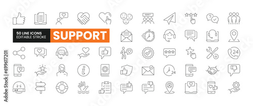 Set of 50 Support line icons set. Support outline icons with editable stroke collection. Includes Feedback, 24/7, Service, Quick Response, Manual, and More.
