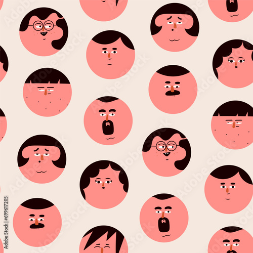 Round human portraits. Various faces, hairstyle, emotions. Cute funny characters. Cartoon, minimal, abstract contemporary style. Hand drawn Vector illustration. Square seamless Pattern