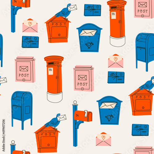 Mailboxes, Postal letterboxes set. Different postboxes, envelope with mail, pigeon, postcard. Hand drawn modern Vector illustration. Square seamless Pattern. Delivery, message, communication concept photo