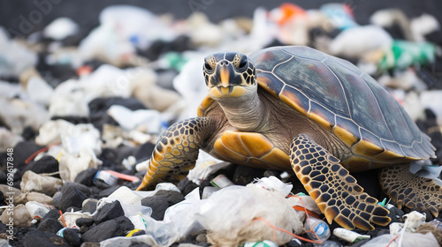 Sea turtle among plastic garbage on the beach sand. Concept of environmental pollution and the death of wild animals.