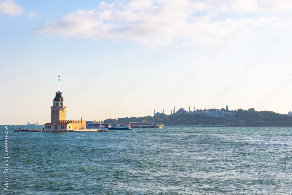 Istanbul view with historical peninsula and Maiden's Tower aka Kiz Kulesi