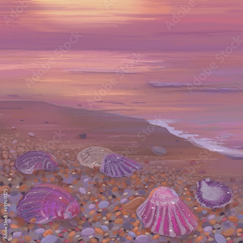 Pink sea and seashells at sunset, digital oil painting