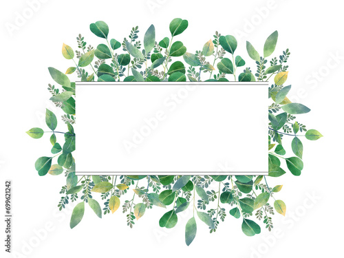 Watercolor green floral frame for invitation card on white background.