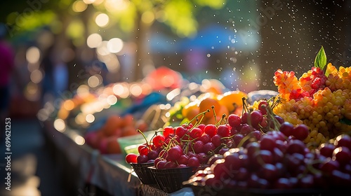 Vibrant farmers market with fresh fruits and colorful beverages in dreamy bokeh background