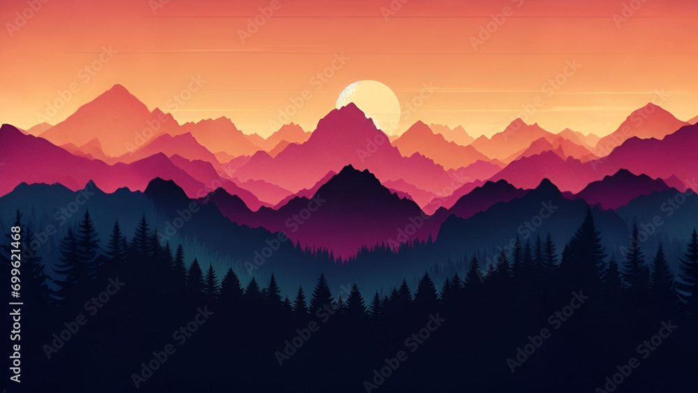 Painting of mountain and forest silhouettes in the evening