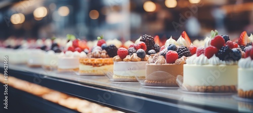 Sumptuous gourmet desserts and coffee drinks in elegant patisserie with hazy blurred bokeh effect