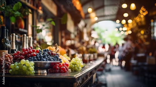 Vibrant farmers  market  soft blurred bokeh background with fresh fruits and colorful beverages photo