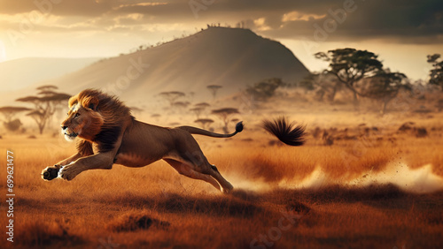 Lions perform gracefully on the dry grassland in the evening.