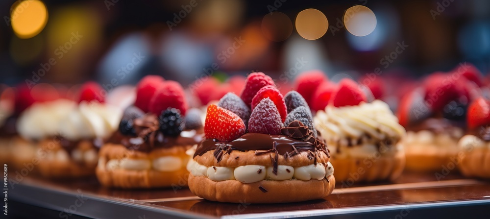 Radiant bokeh background framing gourmet desserts and coffee drinks in elegant patisserie Radiant bokeh background framing gourmet desserts and coffee drinks in elegant patisserie