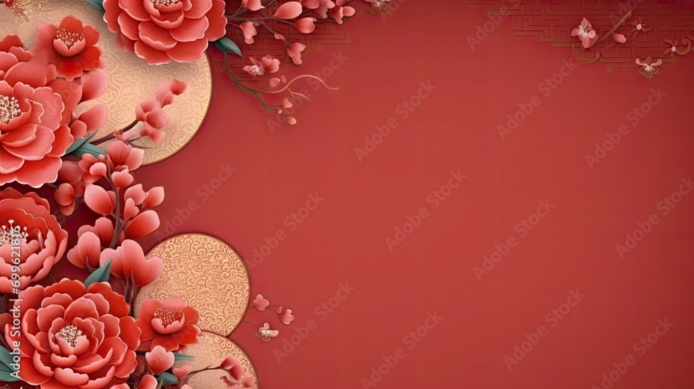 Chinese new year 2024, year of the dragon banner template design with dragon and flower background, red background. copy space - generative ai