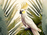 A sulphur-crested cockatoo (Cacatua galerita) sits on a palm tree, children background, illustration