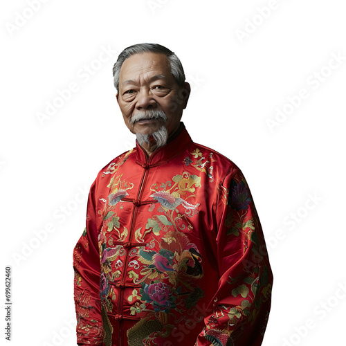 Portrait of old men wearing a Cheongsam cloth isolated on transparent background