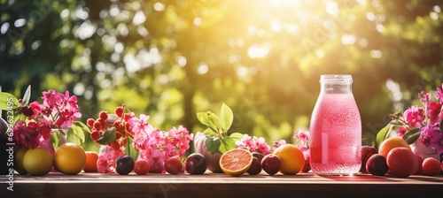 Vibrant bokeh backdrop with cocktails, fruit platters, and sunlight in outdoor brunch setting