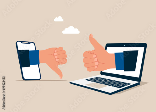 Disagreements in the process of work. Thumbs up and thumbs down. Flat vector illustration