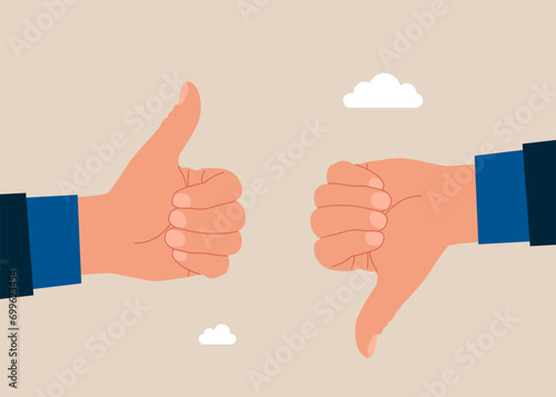 Arguing on big hands showing like and dislike. Thumbs up and thumbs down. Flat vector illustration
