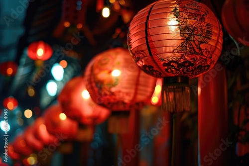 Chinese Lantern Festival at night. Celebration of Chinese New Year festival. Shangyuan Festival. Mid-autumn festival. Defocused blurred background photo